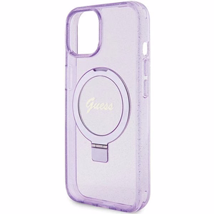Guess viedtālruņa apvalks ar statīvu Ring Stand Script Glitter magnētiskais iPhone 15 Plus / 14 Plus - violets