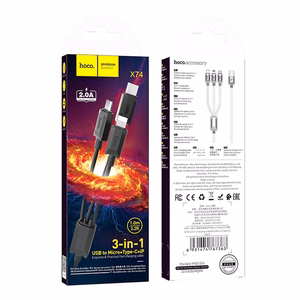 Kabelis 3in1 USB A uz Lightning / Micro USB / USB C Hoco 2A X74 1 m melns
