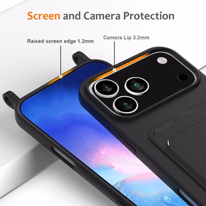 Melns šķidrā silikona vāciņš iPhone 18 Pro / 17 Pro ar karšu turētāju un siksniņu