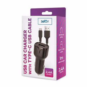 Setty car charger 1x USB 2,4A black + USB-C cable 1,0 m