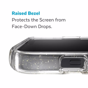 Speck Presidio Perfect-Clear with Glitter + MagSafe vāciņš ierīcei iPhone 15 Plus / 14 Plus, ar Microban pretmikrobu aizsardzību, “Clear / Gold Glitter” krāsu kombinācija