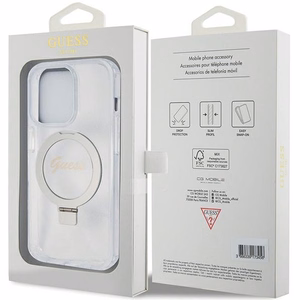 Guess viedtālruņa apvalks ar statīvu Ring Stand Script Glitter magnētiskais iPhone 15 Pro - caurspīdīgs