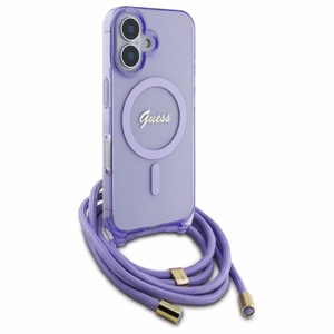 Guess soma pāri plecam viedtālruņa apvalks Cord Script MagSafe iPhone 16 – violets