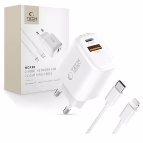 Tech-Protect NCA30 PD 30W QC3.0 USB-A / USB-C sienas lādētājs + USB-C / Lightning kabelis 100cm - balts