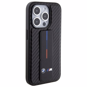 BMW ar statīvu gluds un oglekļa viedtālruņa apvalks iPhone 15 Pro - melns