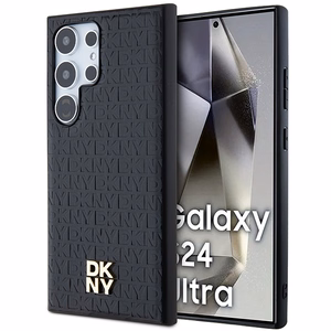 DKNY Ādas raksta metāla logotips Magnētiskais viedtālruņa apvalks Samsung Galaxy S24 Ultra - melns