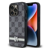 DKNY ādas rūtainais mono raksts un drukātas svītras viedtālruņa apvalks iPhone 14 Pro - melns