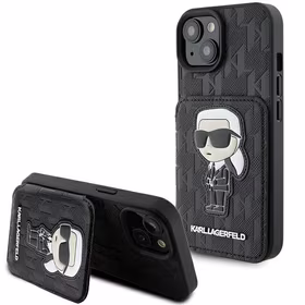 Karl Lagerfeld Saffiano Cardslots and Stand Monogram Ikonik Patch Viedtālruņa apvalks iPhone 15 - melns