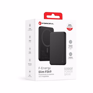 Forcell F-Energy Slim F5K9 ārējais akumulators, saderīgs ar MagSafe, 5000 mAh, 15 W, QC 4.0, PD 3.0, melns