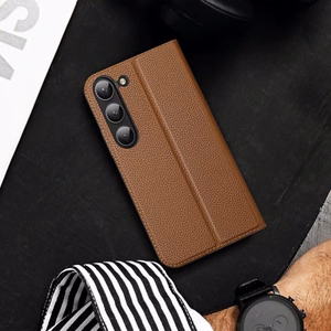 Dux Ducis Skin X2 viedtālruņa apvalks Samsung Galaxy S23+ atverams apvalks ar maku un statīvu brūns