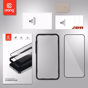 Crong Anti-Bacterial 3D Armor Glass 9H visu ekrānu pārklājošs rūdīta stikla aizsargs iPhone 14 Pro ar uzstādīšanas rāmi