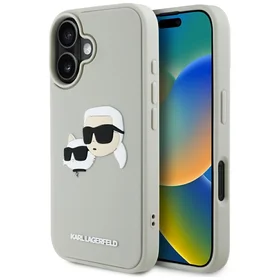 Karl Lagerfeld HC 3D gumijas dubultgalvu iPhone 16 viedtālruņa apvalks - bēšs