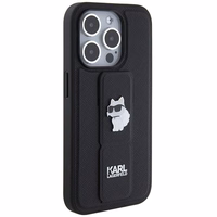 Karl Lagerfeld Gripstand Saffiano Choupette Pins viedtālruņa apvalks iPhone 14 Pro Max - melns