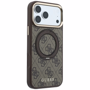 Guess 4G Classic Logo vāciņš modelim iPhone 18 Pro Max / 17 Pro Max, ar 360° gredzenu-statīvu, saderīgs ar MagSafe – brūns