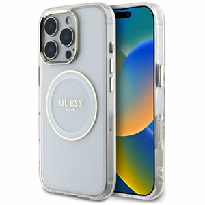 Guess IML Metal Colored Circle Classic Logo Magnētiskais viedtālruņa apvalks iPhone 16 Pro Max - balts