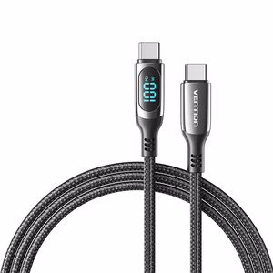 Vention kokvilnas pīts USB 2.0 C Male uz C Male 5A kabelis ar LED displeju 1.2M, melns, cinka sakausējums