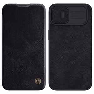 Nillkin Qin ādas apvalks iPhone 14 Plus ar kameras vāciņu un maciņu melns