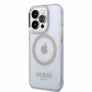 Guess GUHMP14LHTCMU iPhone 14 Pro 6.1" violets/violets cietais apvalks Gold Outline Translucent MagSafe