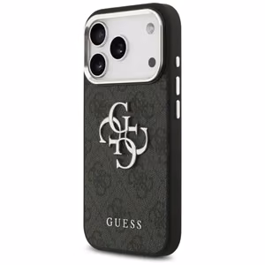 GUESS viedtālruņa apvalks IPHONE 17 GUHCP17SP4G4SMCK (4G PU ādas apvalks ar lielu 4G un klasisko logotipu un sudraba metāla kameras rāmi) melns