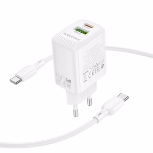 Borofone Wall charger BN29 Fuente - USB + Type C - QC 3.0 PD 30W with Type C to Type C cable white