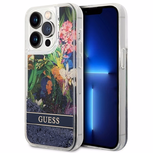 Guess GUHCP14LLFLSB iPhone 14 Pro 6.1 zils / zils kietais viedtālruņa apvalks Flower Liquid Glitter