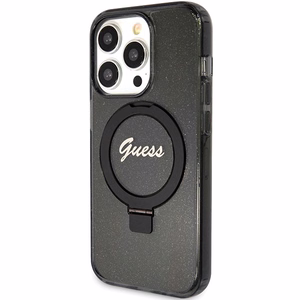 Guess viedtālruņa apvalks ar statīvu Ring Stand Script Glitter magnētiskais iPhone 15 Pro - melns