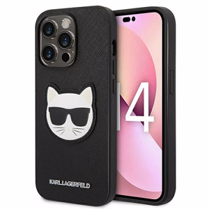 Karl Lagerfeld Saffiano Choupette Head Patch viedtālruņa apvalks iPhone 14 Pro - melns
