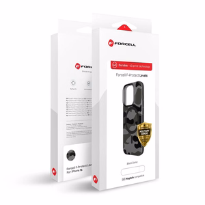 Viedtālruņa apvalks FORCELL F-PROTECT ar divslāņu 4D tehnoloģiju, militārā kritiena testa saderīgs ar MagSafe paredzēts IPHONE 16 PLUS melna kamuflāža