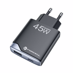 FORCELL F-ENERGY GaN III B245202(1A1C) īpaši plāns ceļojumu lādētājs 1 x Type C + 1 x USB A PD QC4.0 3A 45W melns