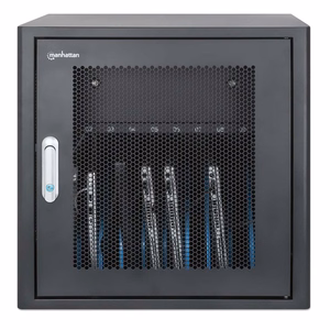 Manhattan Laptop Charging Cabinet Desktop via AC Adapter (EU) 10-bay, Install device's AC Adapter (power cables) into unit, Suitable for ALL laptops (to 16"), iPads, MacBooks, Chromebooks, other portable devices, Bays 380x30x280mm, Cart, Lockable