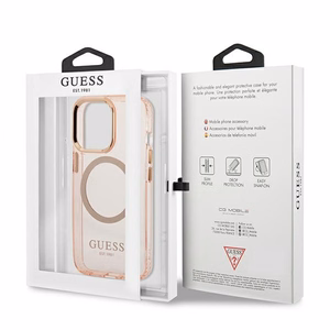 Guess GUHMP13LHTCMP iPhone 13 Pro / 13 6.1" rozā/rozā cietais viedtālruņa apvalks ar zelta kontūru, caurspīdīgs Magnētiskais MagSafe