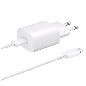 Samsung 25W EP-TA800EWE USB-C wall charger with Samsung EP-DA705BWE USB-C / USB-C cable replacement packaging - white