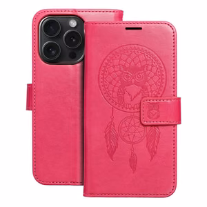 MEZZO Grāmatas tipa viedtālruņa apvalks IPHONE 15 Pro sapņu ķērājs purpursarkana