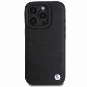 BMW Signature Ādas Apvalks ar Līniju Rakstu iPhone 16 Pro - Melns