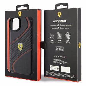 Ferrari dygsnots metāla logotipa apvalks iPhone 15 Plus – melns