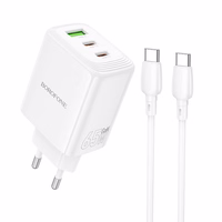 Borofone sienas lādētājs BN32 Cargador GaN - USB + 2xType C - QC 3.0 PD 65W ar Type C uz Type C balts