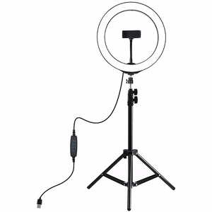 LED gredzena lampa 26 cm ar galda statīvu līdz 1.1m, telefona turētājs, USB