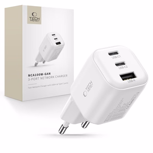 Tech-Protect NCA100W-GaN 3 pieslēgvietu 100 W PD 3.2/QC 3.0 tīkla barošanas adapteris – balts