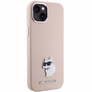 Karl Lagerfeld silikona Choupette Metal Pin viedtālruņa apvalks iPhone 15 Plus / 14 Plus - rozā
