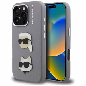 Karl Lagerfeld FW Grained Karl & Choupette Heads Pins Case for iPhone 16 Pro - Gray