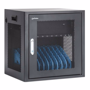 Manhattan Laptop Charging Cabinet Desktop via AC Adapter (EU) 10-bay, Install device's AC Adapter (power cables) into unit, Suitable for ALL laptops (to 16"), iPads, MacBooks, Chromebooks, other portable devices, Bays 380x30x280mm, Cart, Lockable