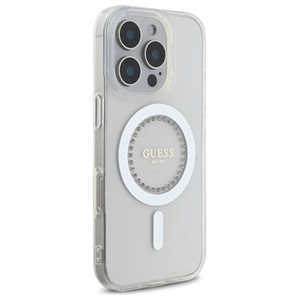 Guess IML Rhinestones magnētiskais viedtālruņa apvalks iPhone 16 Pro - balts