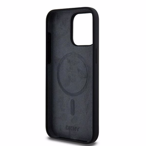 DKNY apvalks no šķidrā silikona MagSafe viedtālrunim iPhone 15 Pro Max ar balto logotipu - melns (m)