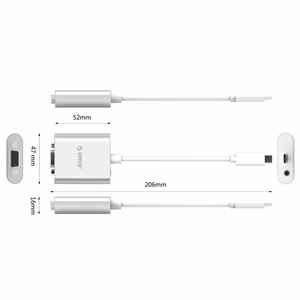 Orico PTAV adapteris USB-C–VGA un 3,5 mm, Full HD, 0,15 m – sudraba krāsas