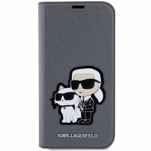 Karl Lagerfeld KLBKP14SSANKCPG iPhone 14 6.1" grāmatas tipa apvalks sudraba Saffiano Karl & Choupette