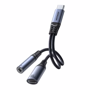 2‑in‑1 audio adapteris Joyroom SY-C02 Type-C uz 3.5mm + Type-C (melns)