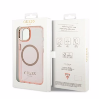 Guess GUHMP14SHTCMP iPhone 14 6.1" rozā cietais viedtālruņa apvalks ar zelta kontūru, caurspīdīgs, magnētiskais (MagSafe)