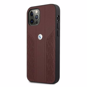 BMW Ādas izliekts perforēts viedtālruņa apvalks iPhone 12 Pro Max - sarkans