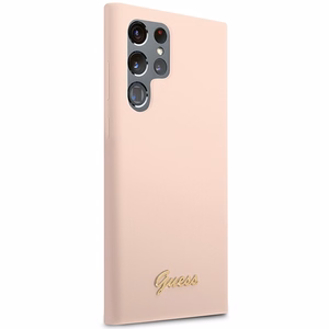 Guess GUHCS23LLSLMGPP S23 Ultra S918 rozā/rozā cietais apvalks Silikona Script Metal Logo