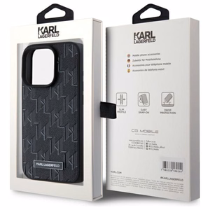 Karl Lagerfeld Ādas monogramma Metāla logotips Magnētiskais viedtālruņa apvalks iPhone 15 Pro - melns